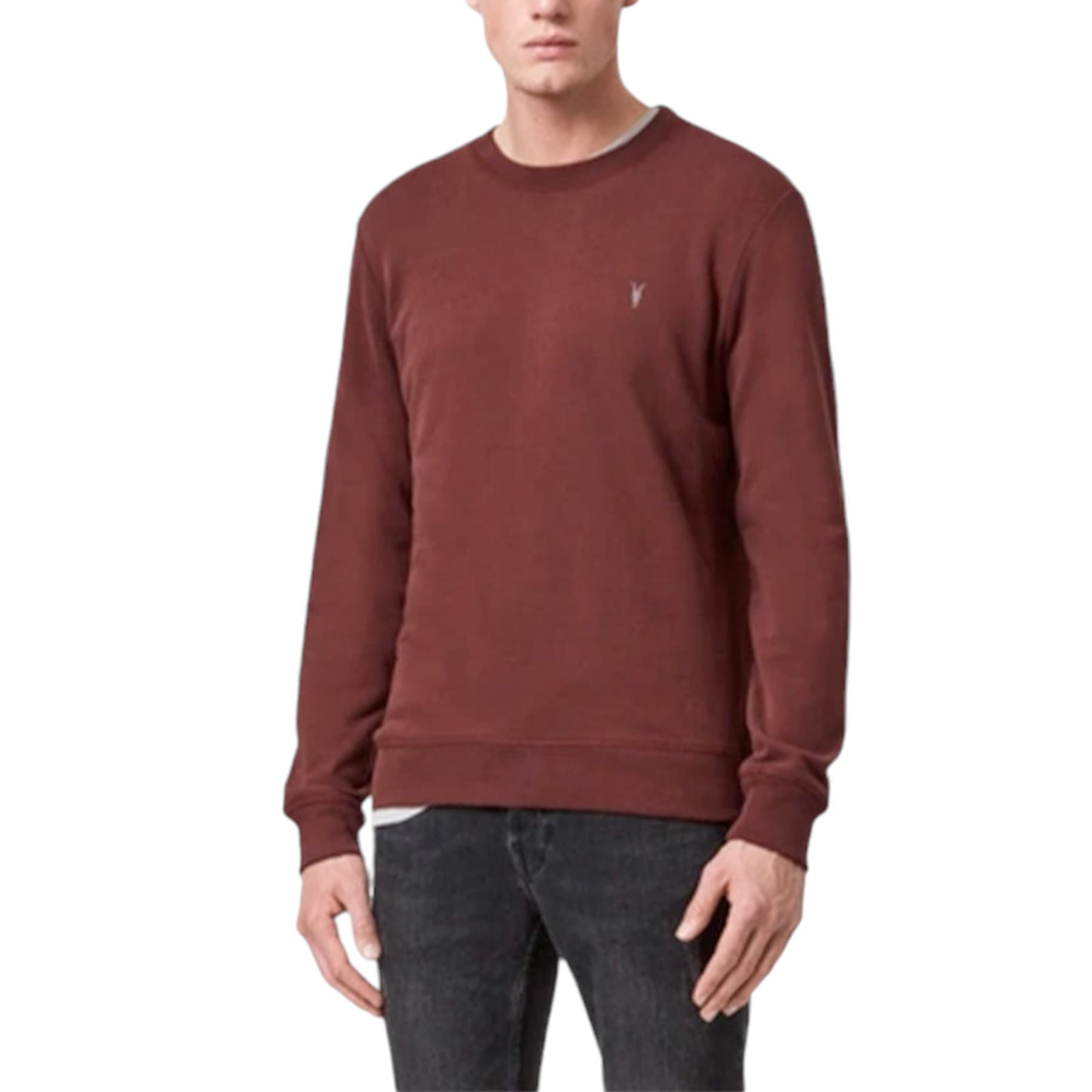 All Saints men's maroon cotton jumper with Ramskull chest logo, front view
