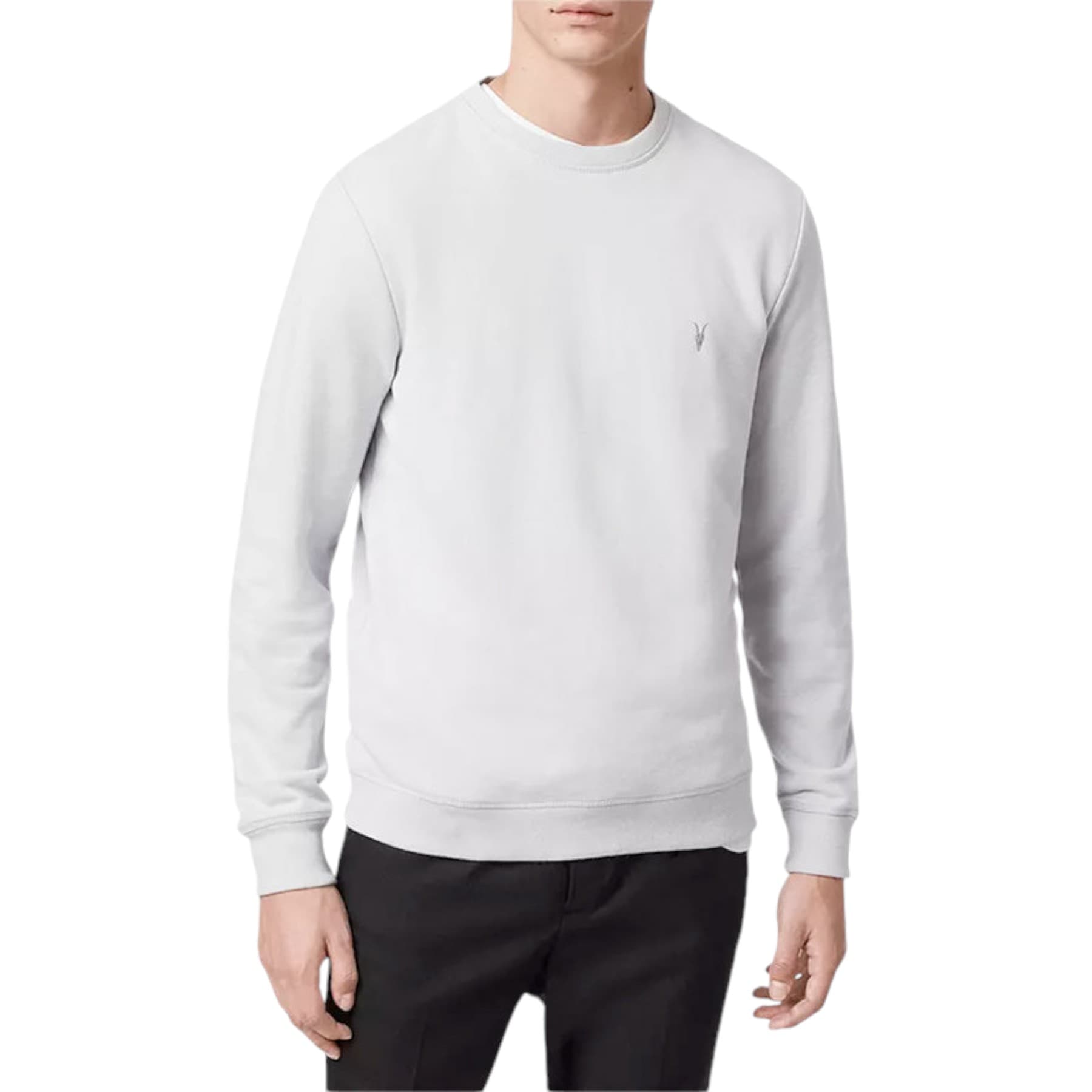 All Saints men's light blue cotton jumper with Ramskull logo, front view