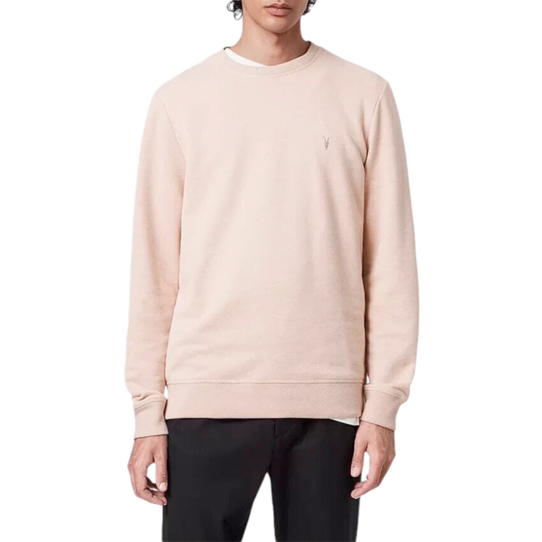 All Saints men's light pink cotton jumper with Ramskull embroidered logo, front view