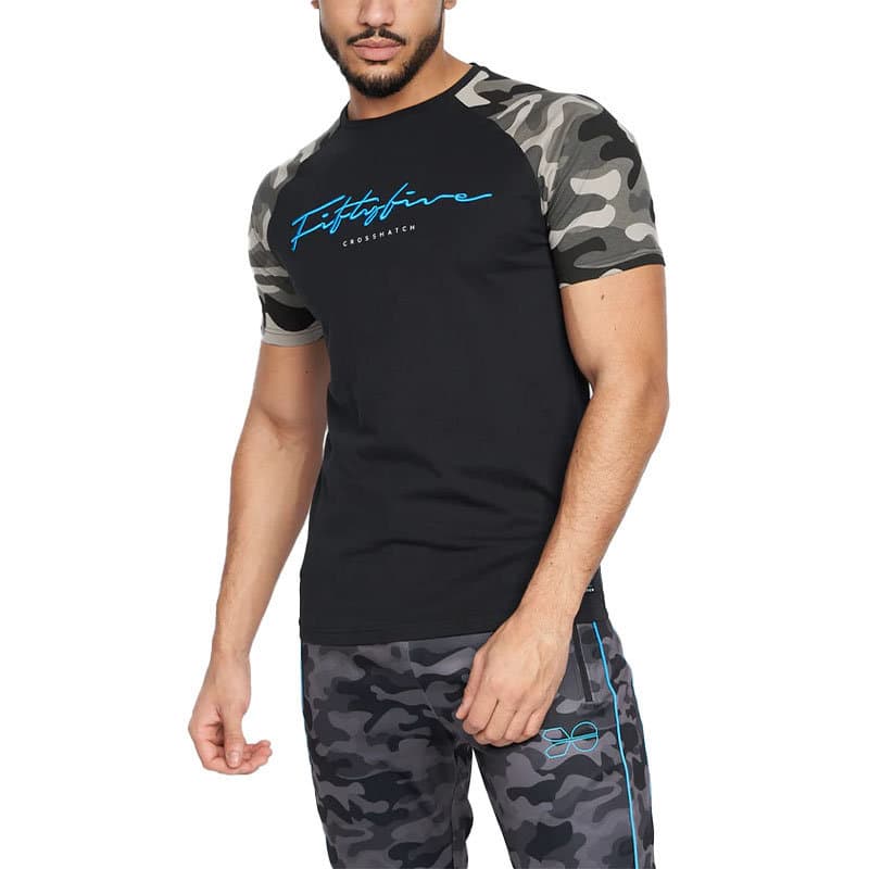 CROSS HATCH Brickfort black camo men's t-shirt front view with 3D chest embroidery