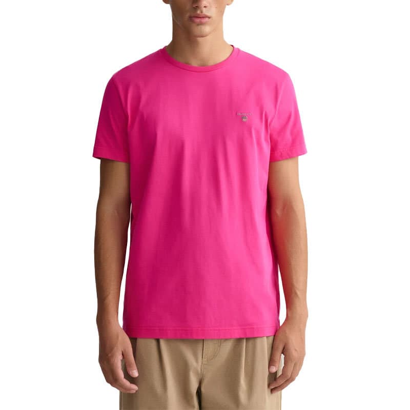 Gant men's dark pink crew neck T-shirt with chest embroidery, front view