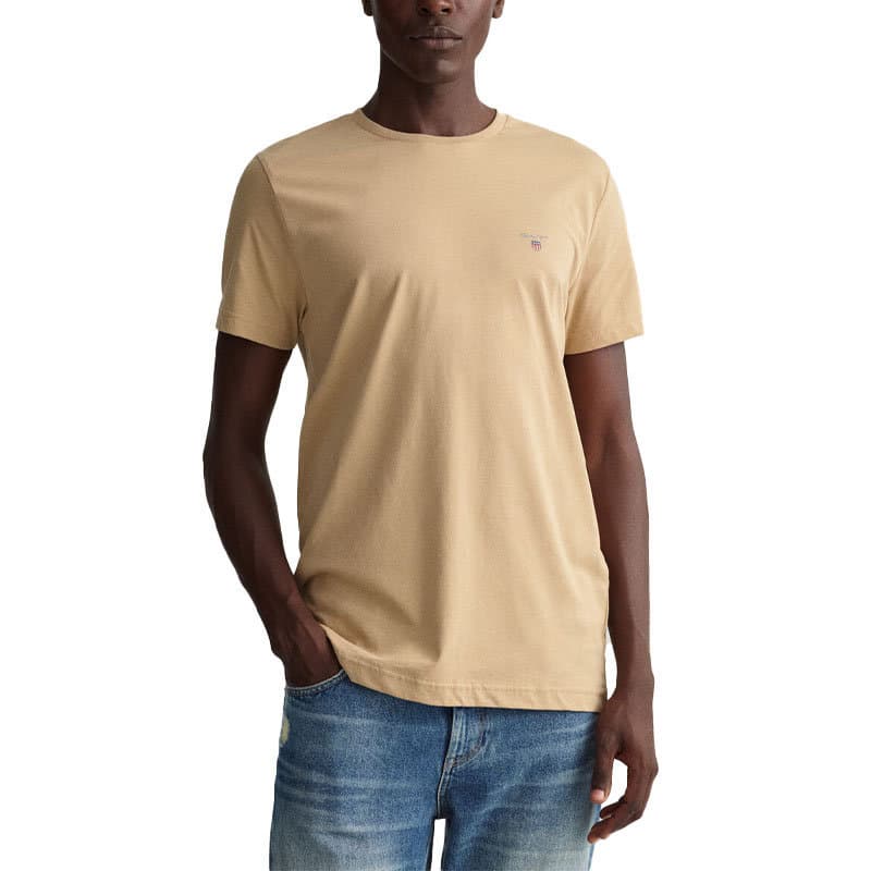 GANT beige men's crew neck T-shirt front view with embroidered shield