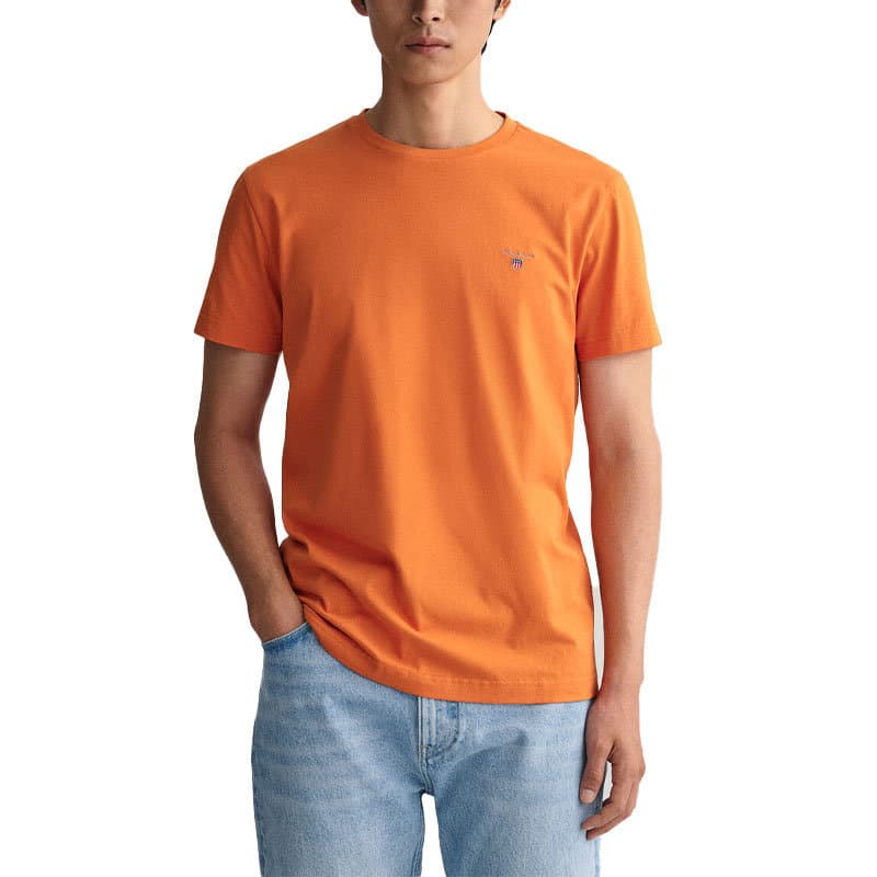 Gant men's orange crew neck T-shirt front view with embroidered shield logo