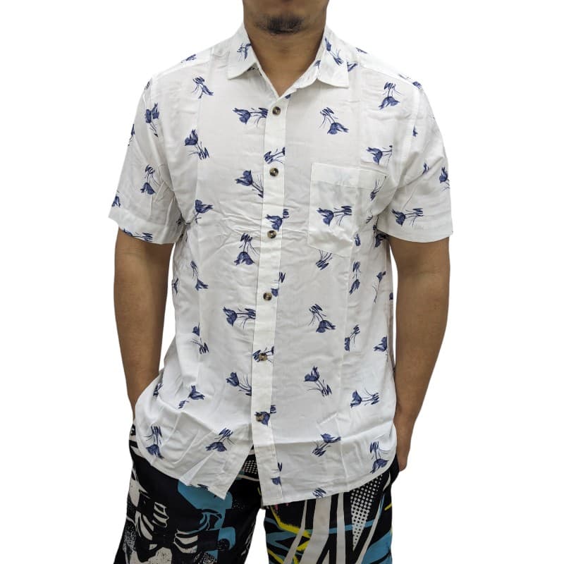 Springfield men's white Hawaiian floral printed shirt front view, short sleeve with chest pocket