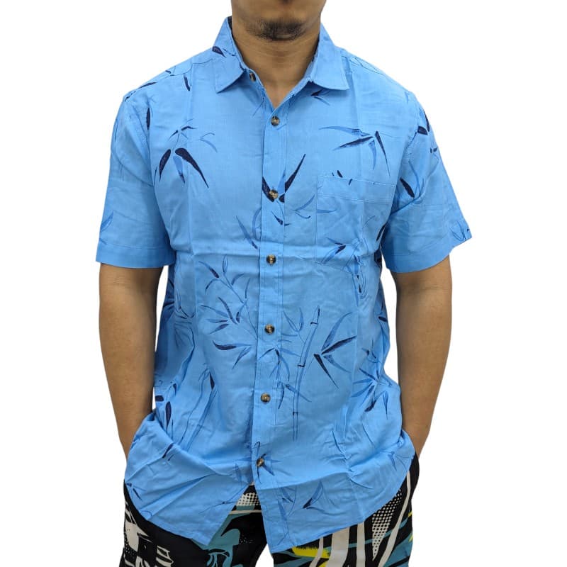 Springfield men's Hawaiian floral printed shirt in sky blue viscose, front view