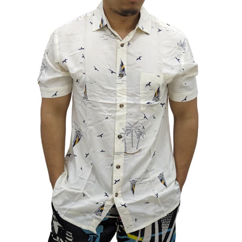 Springfield men's off white Hawaiian floral printed shirt with boat motifs, front view