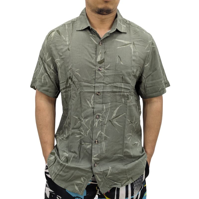 Springfield mens Hawaiian floral printed shirt in reed green, front view