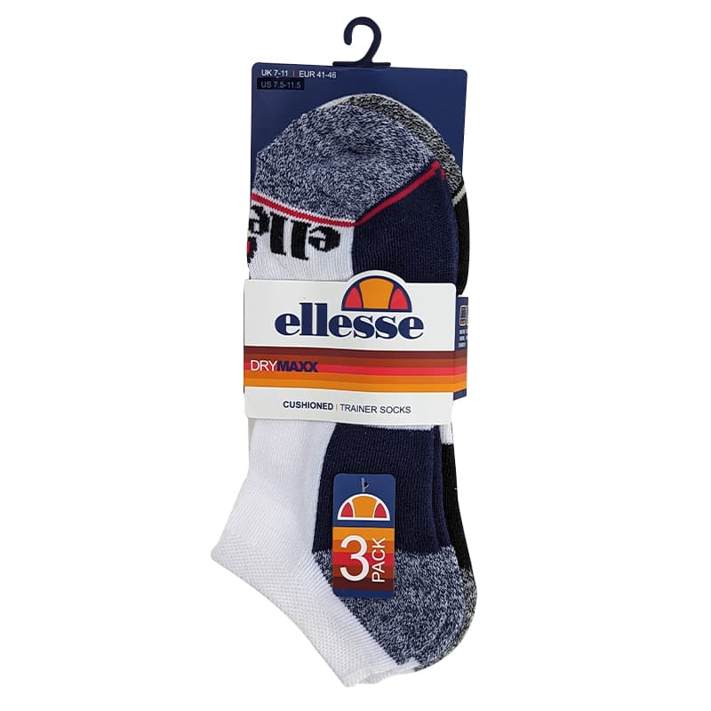 Ellesse mens low cut socks 3 pack in white and navy, front display