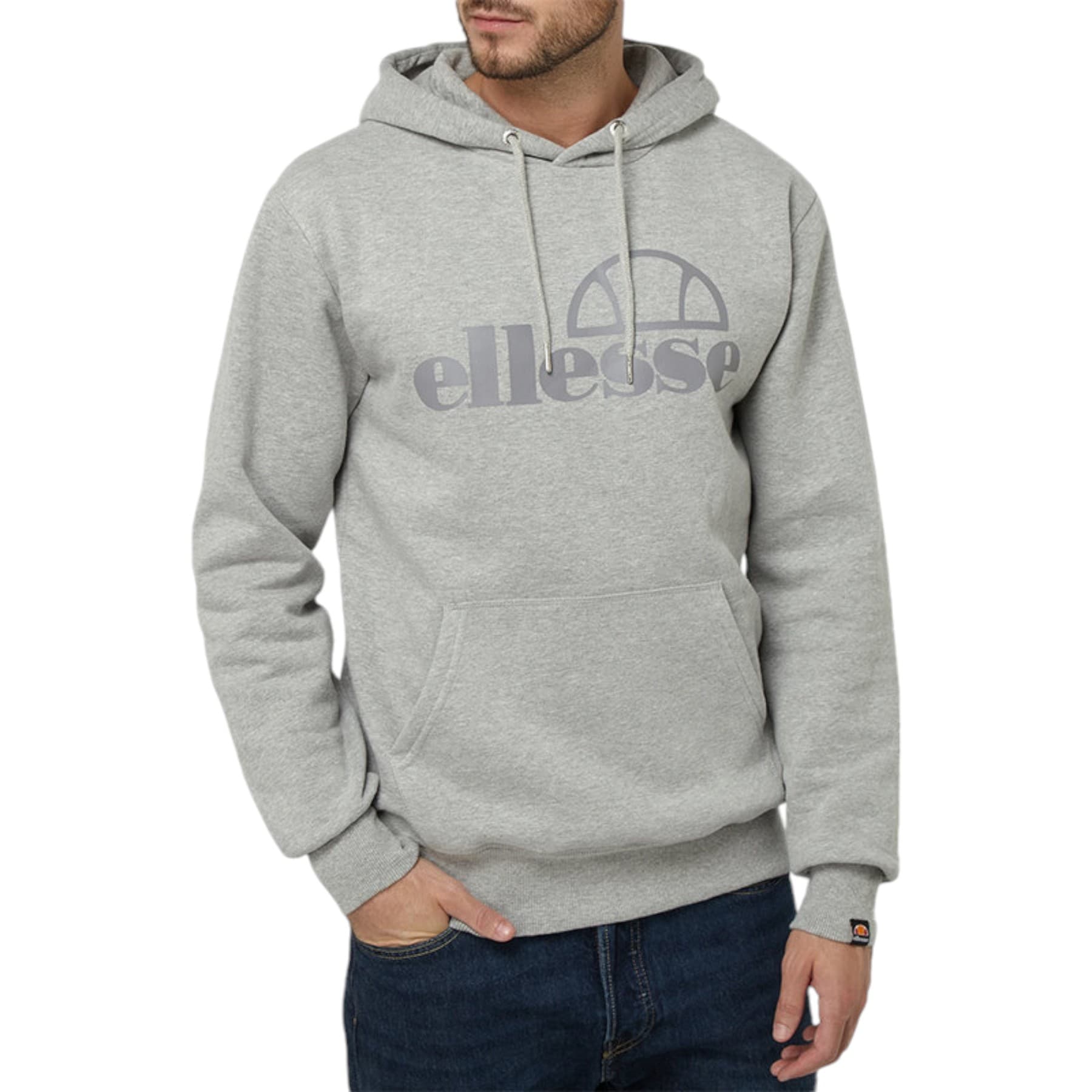 ELLESSE men's grey regular fit pullover hoodie front view with drawstring hood