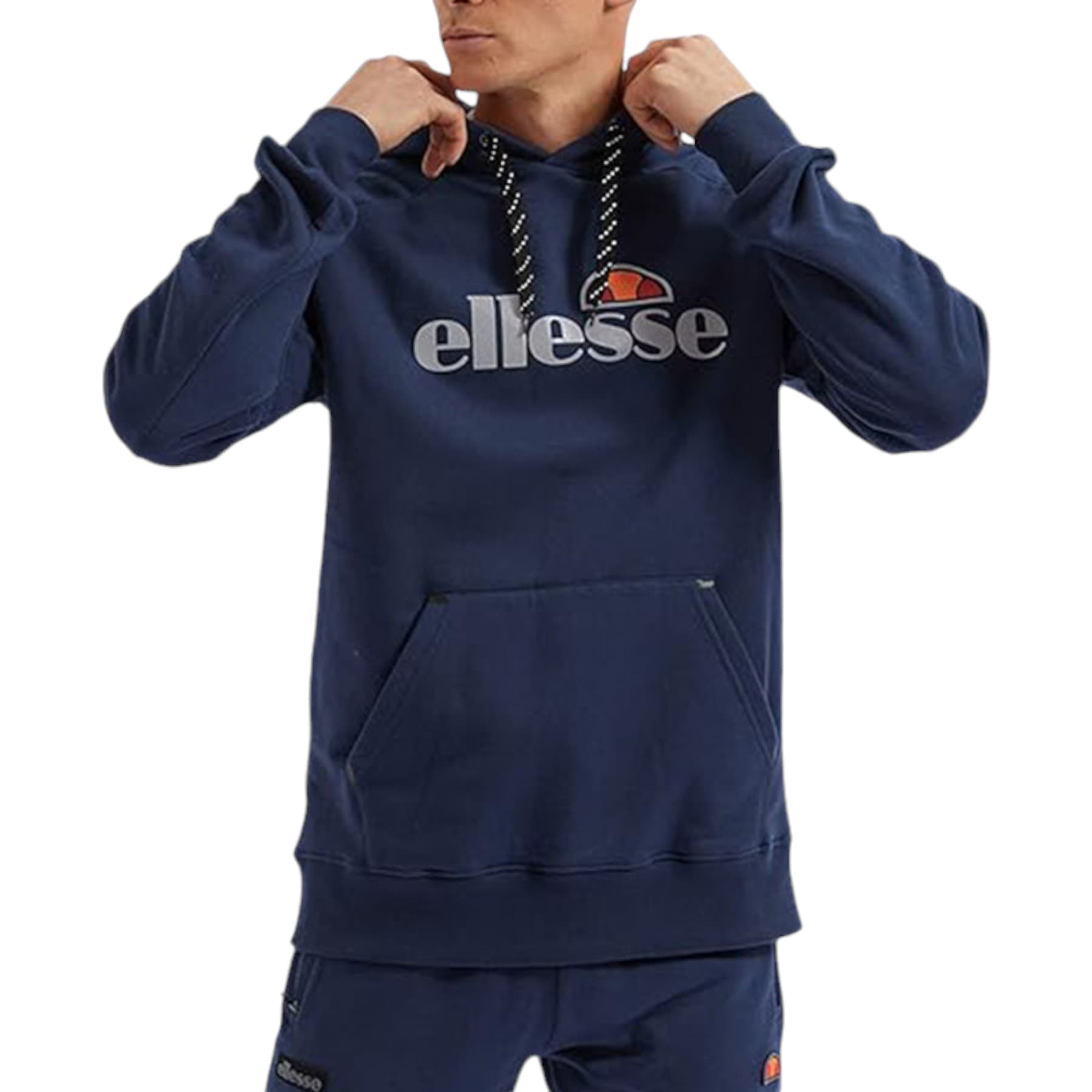 Ellesse men's navy regular fit pullover hoodie with drawstring hood, front view