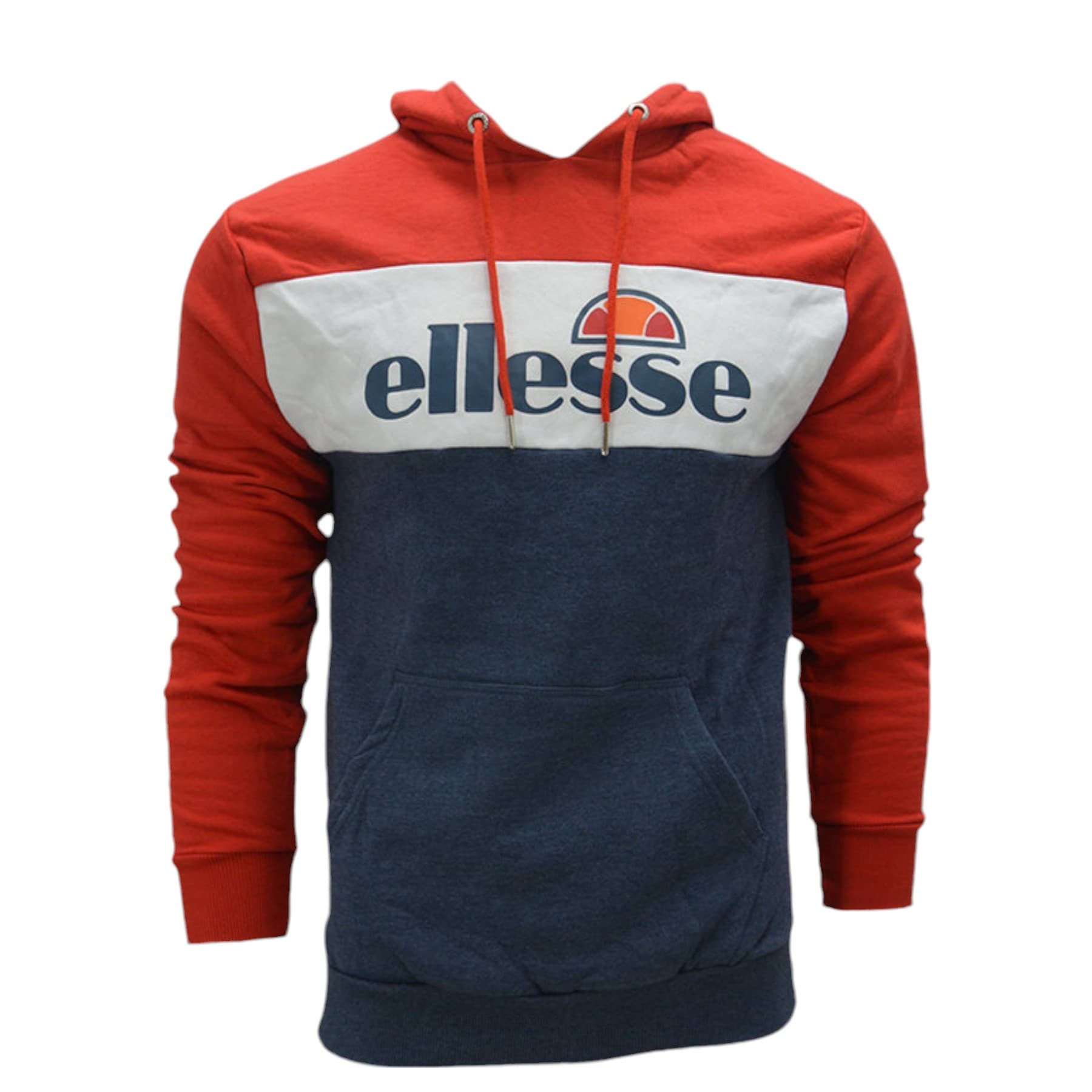 Ellesse men's red regular fit pullover hoodie with drawstring hood, front view