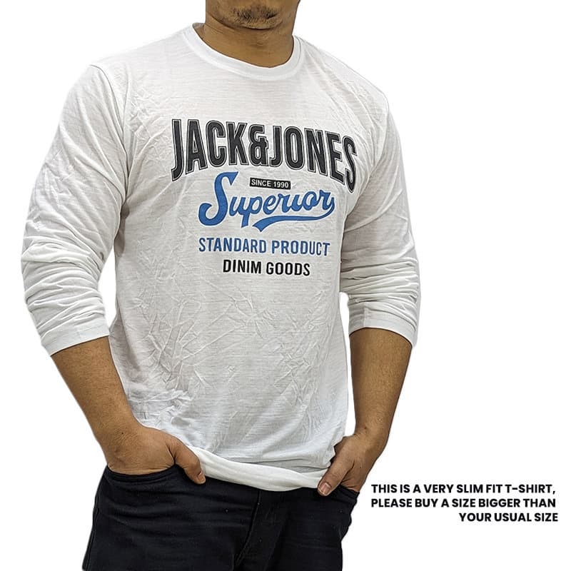 Jack & Jones white long sleeve t-shirt front view, slim fit crew neck