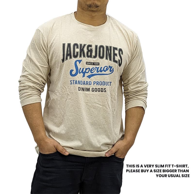 Jack & Jones beige long sleeve t-shirt front view with crew neck