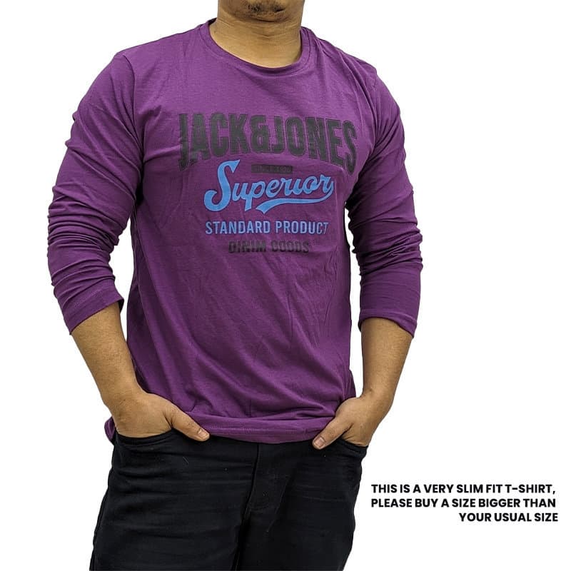 Jack & Jones purple long sleeve t-shirt front view, crew neck slim fit