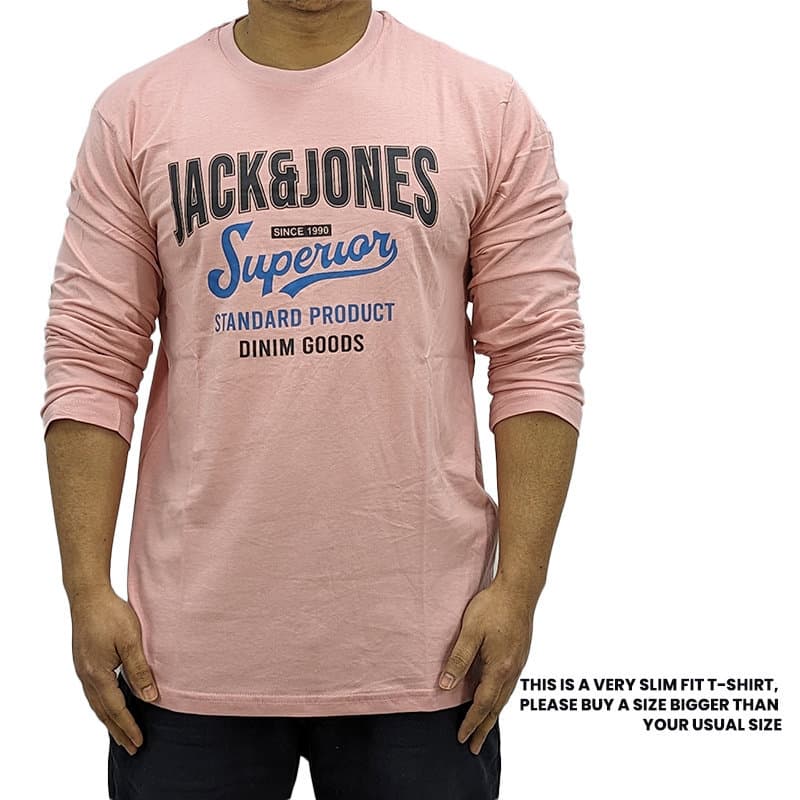 Jack & Jones men's pink long sleeve t-shirt front view with crew neck