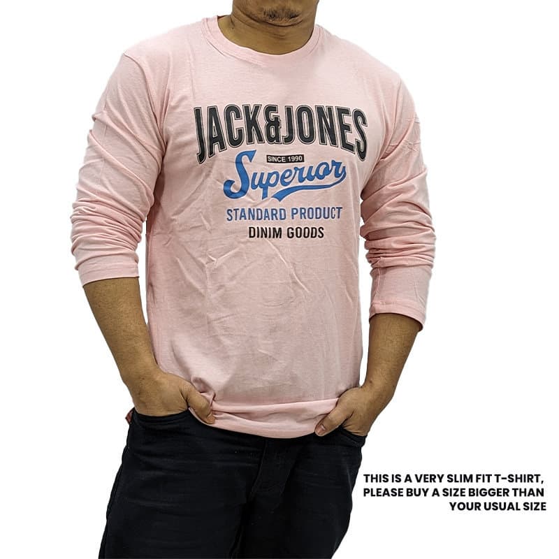 Jack & Jones men's light pink long sleeve t-shirt, front view, crew neck slim fit