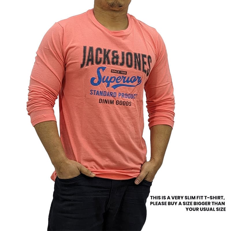 Jack & Jones men's coral long sleeve t-shirt front view with crew neck