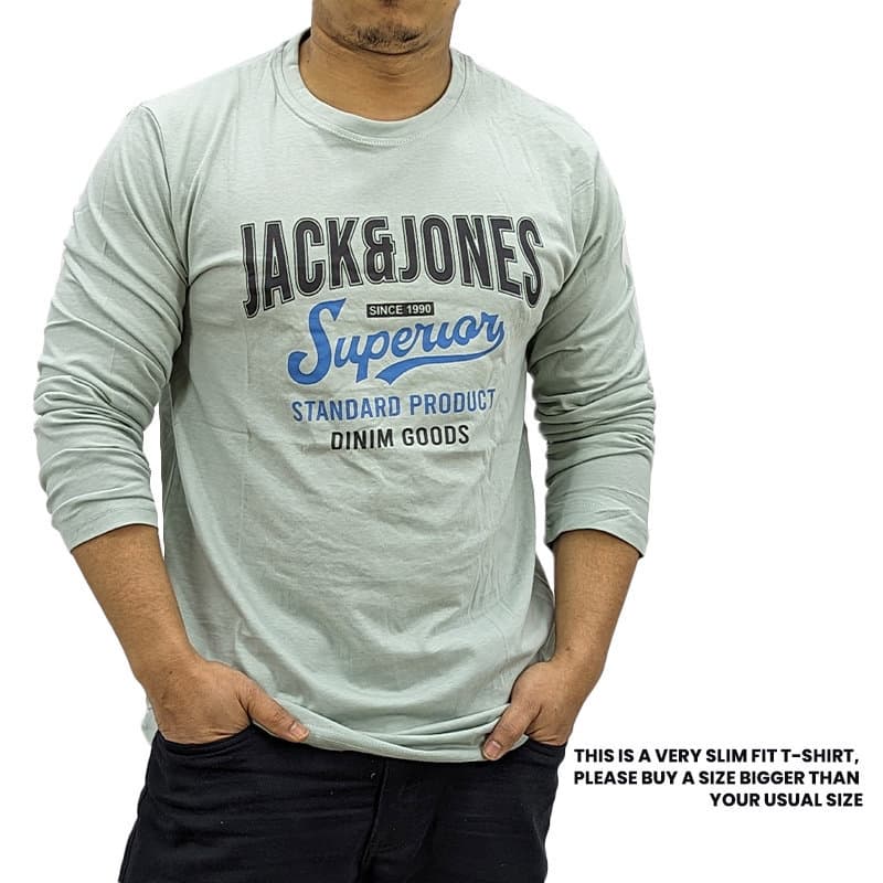 Jack & Jones men's long sleeve t-shirt in pastel green, slim fit, front view