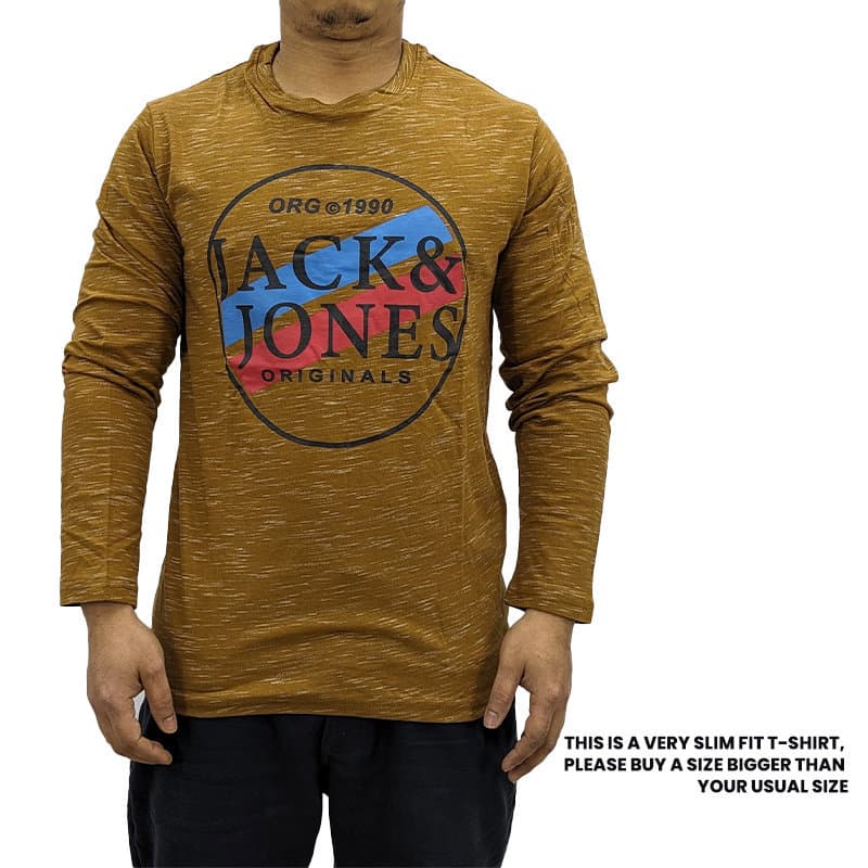Jack & Jones men's brown long sleeve t-shirt, slim fit crew neck, front view