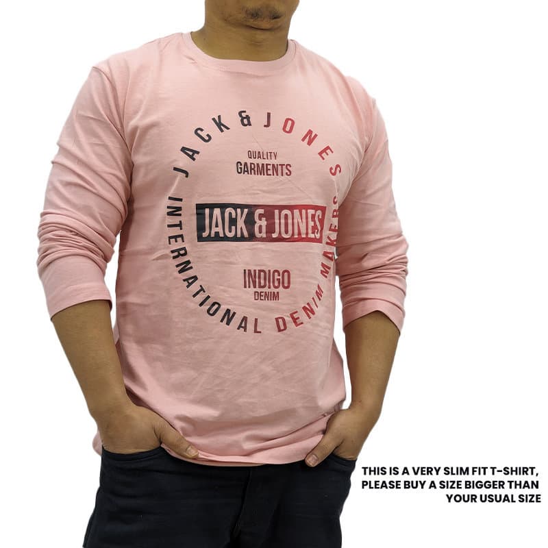 Jack & Jones men's pink long-sleeve t-shirt front view, slim fit crew neck