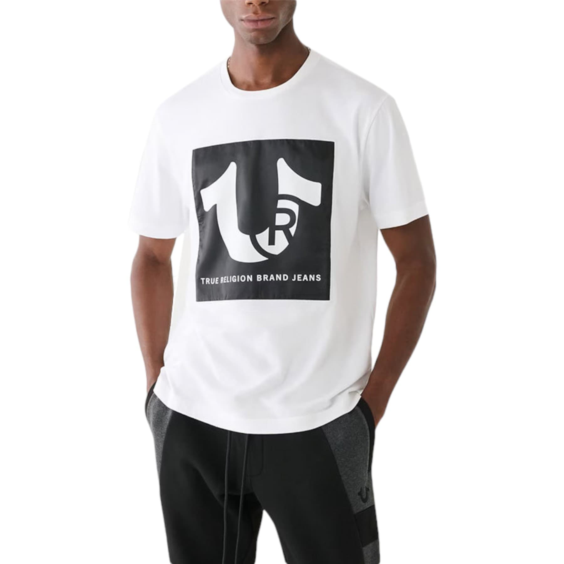 True Religion white cotton t-shirt with embossed TR logo, front view