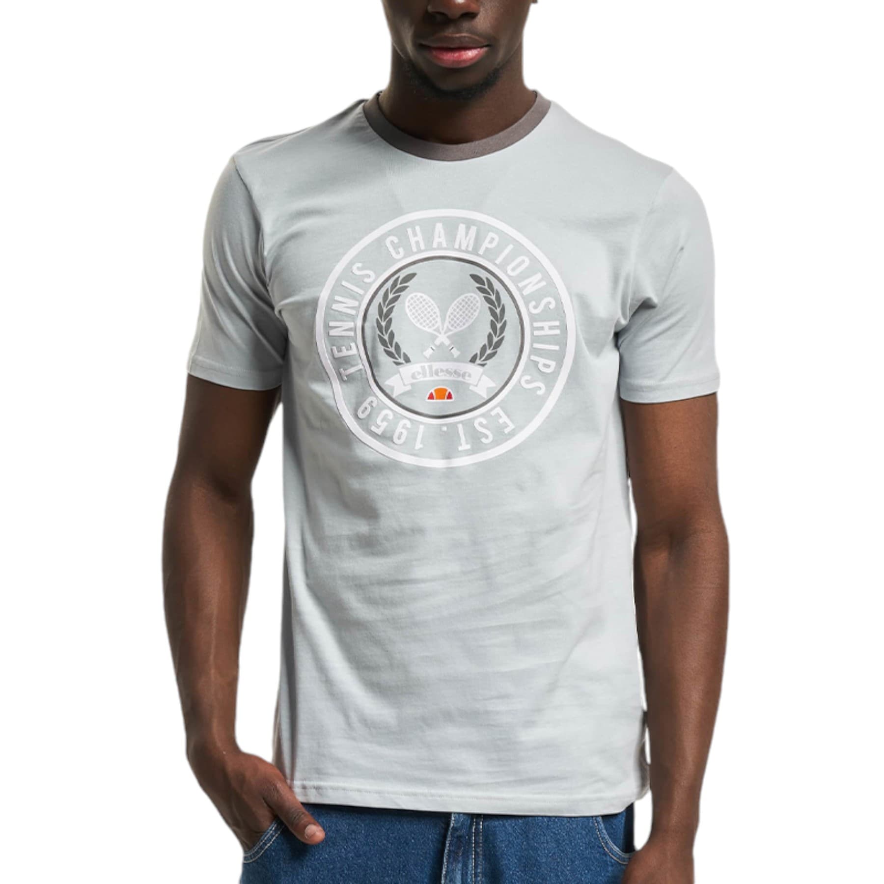 Ellesse SEGNA men's light grey t-shirt front view with logo and tennis print