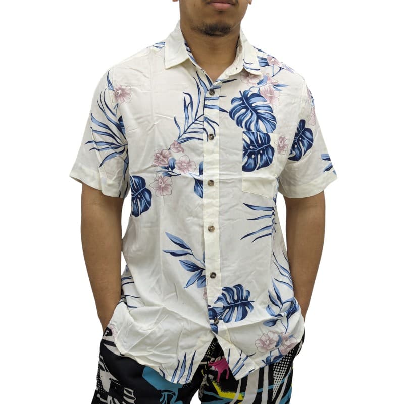 Springfield men's Hawaiian shirt in off-white and pink floral print, front view