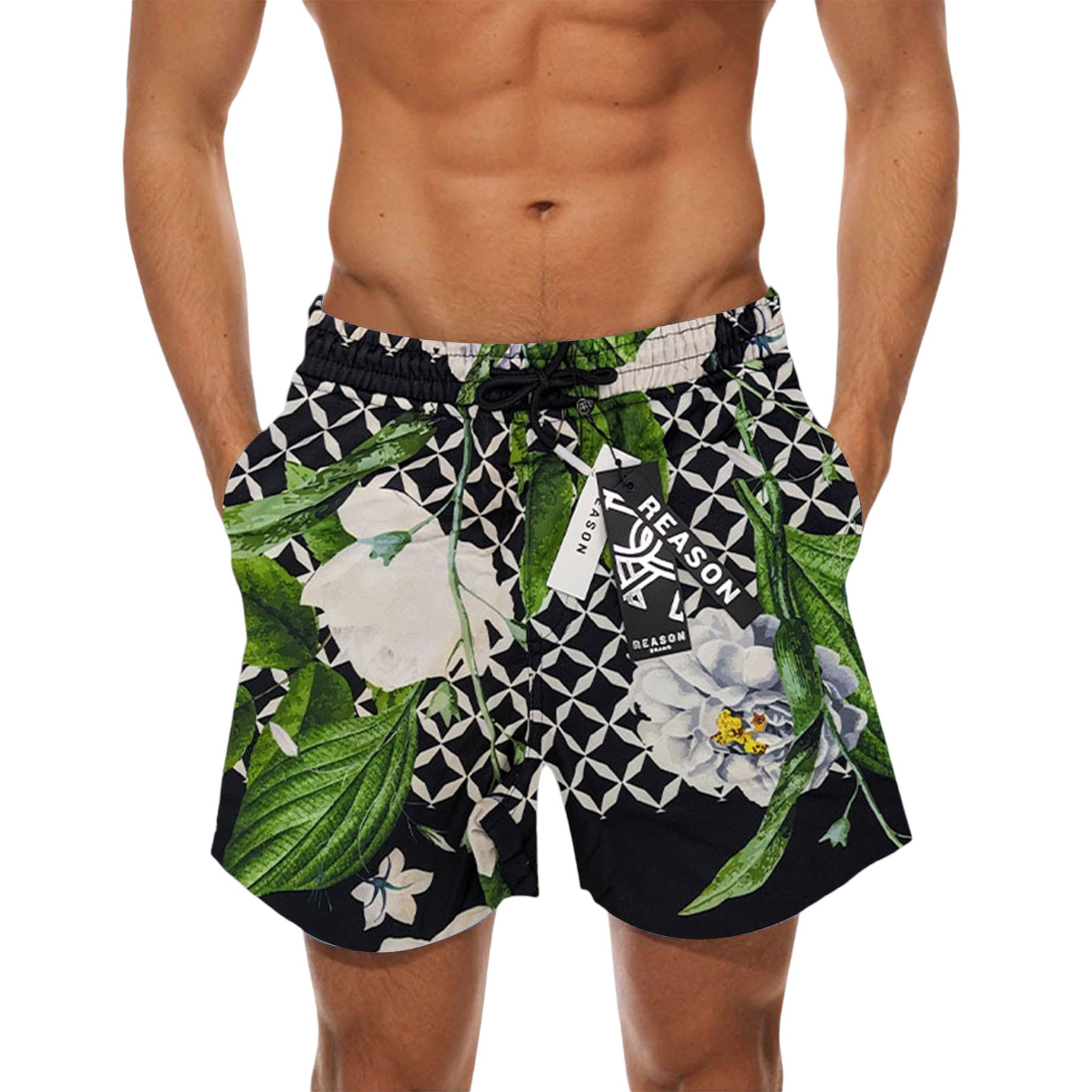 Reason men's fleece shorts front view, Green and White allover print design