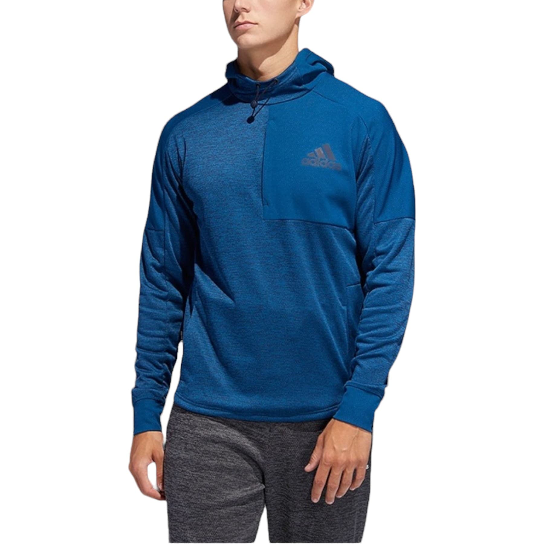 Adidas Team Issue blue long sleeve hoodie front view with stand-up collar