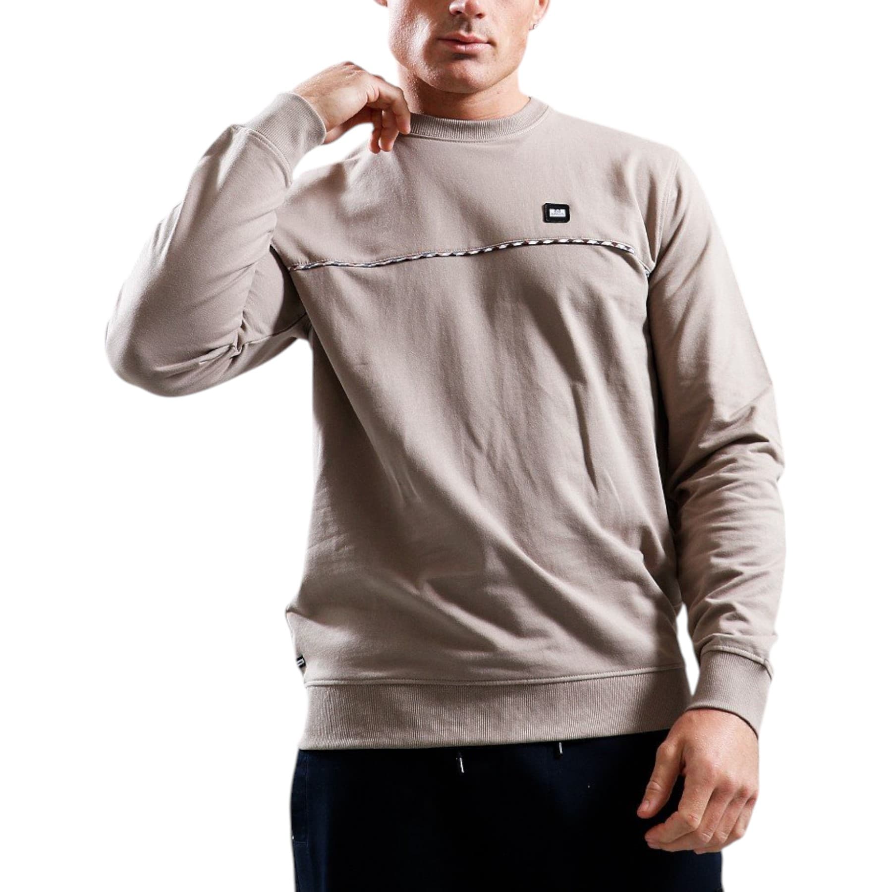 Weekend Offender Cordoba beige men's sweatshirt front view with WO badge and house check details