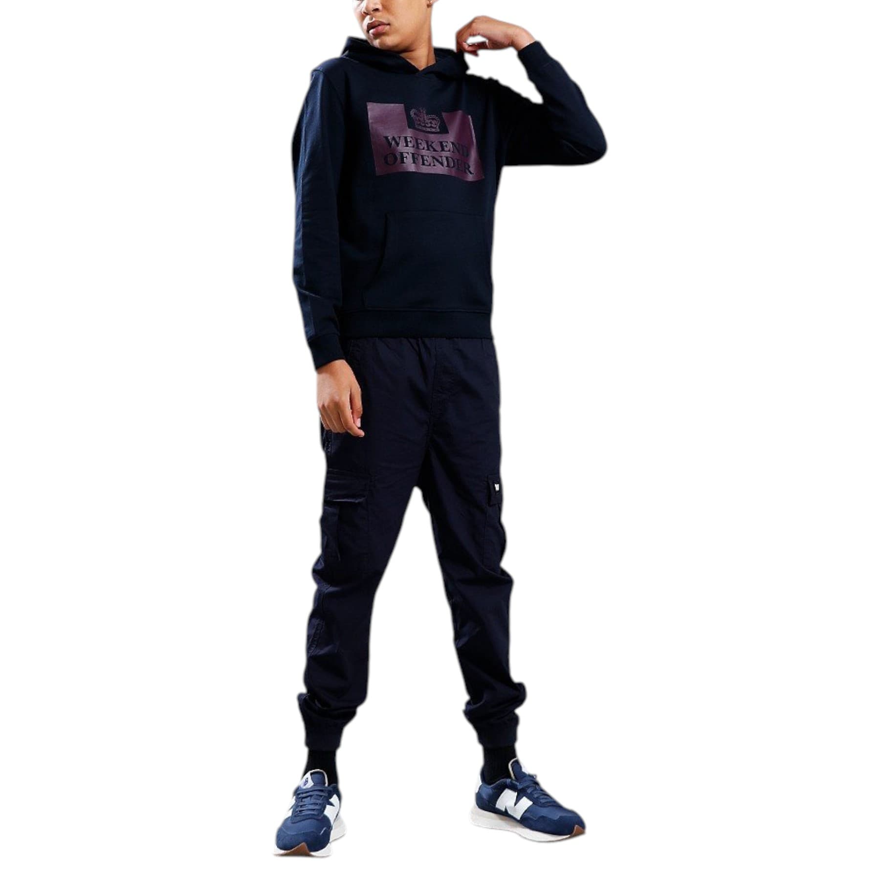Weekend Offender Kids Garrison black cotton hoodie front view with drawstring hood