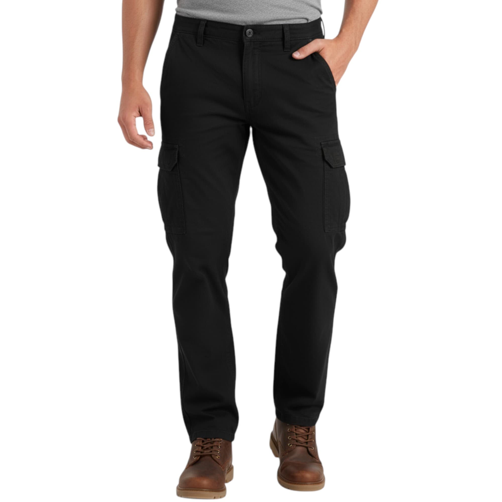 London Look men's black cargo trousers front view with tapered fit
