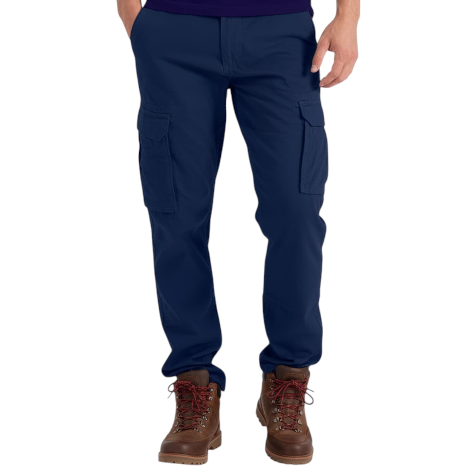 London Look men's navy cargo trousers front view with tapered leg and zip fly