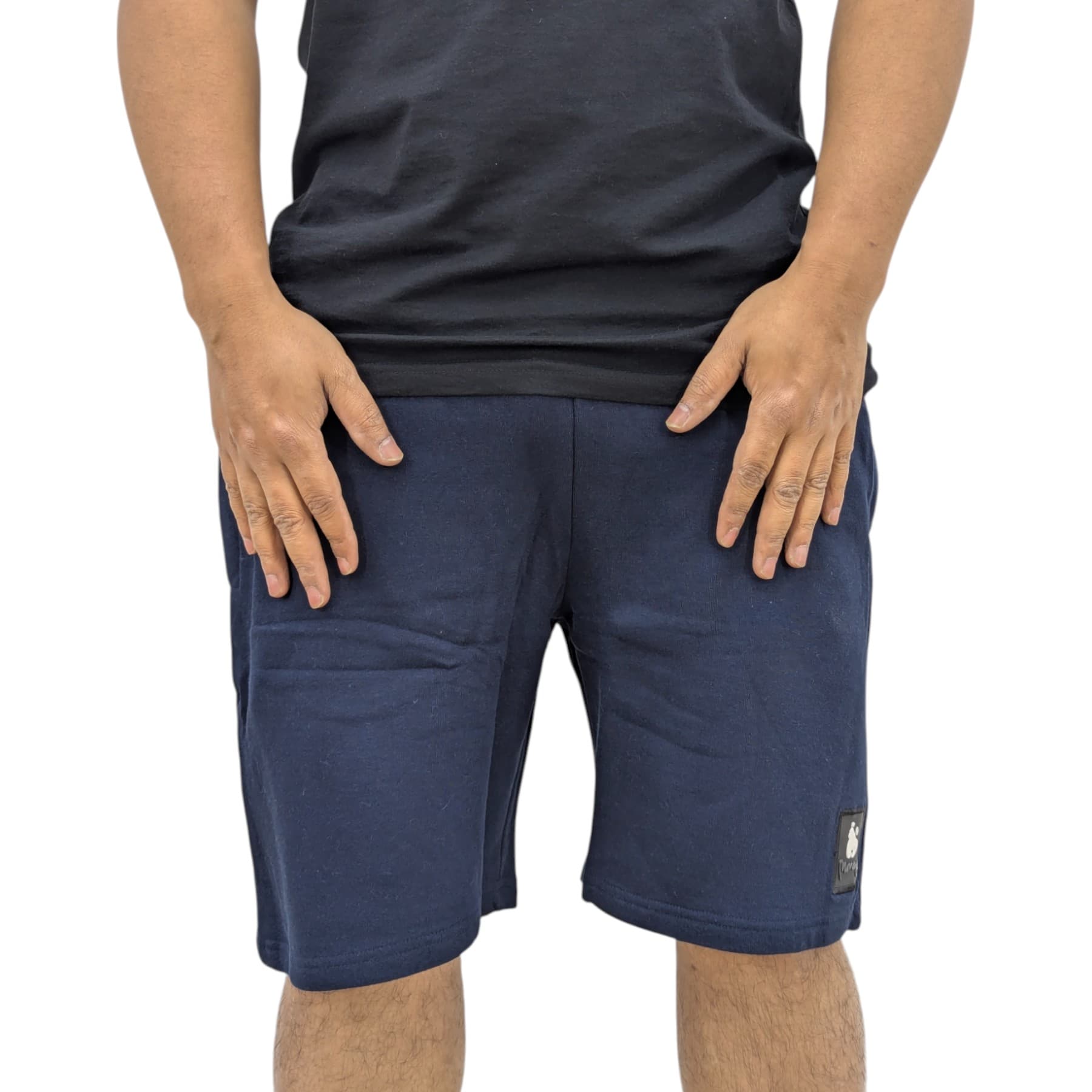 Money Clothing navy cotton mens shorts front view with patch logo