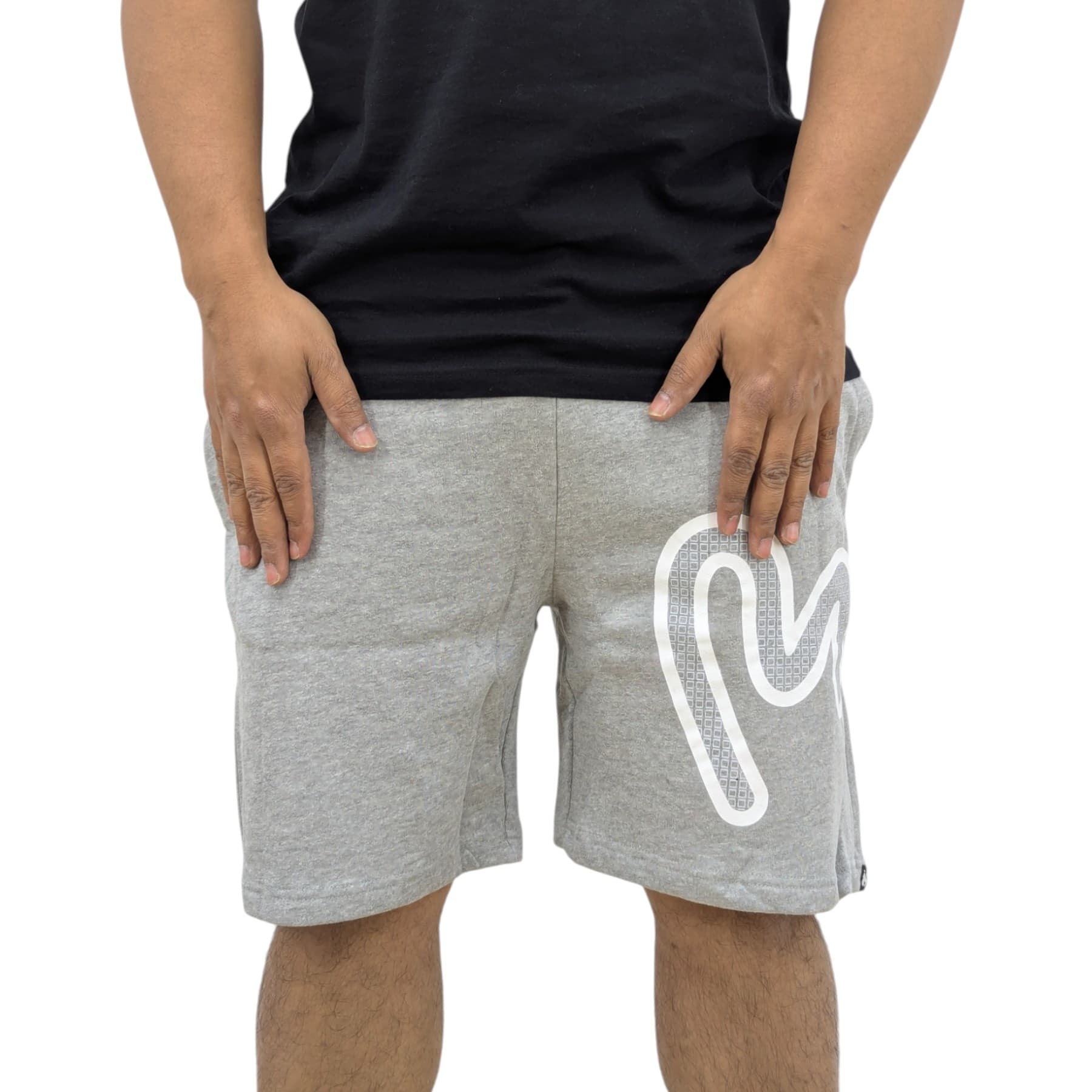 Money Clothing grey Sig Star shorts front view with all-over print design