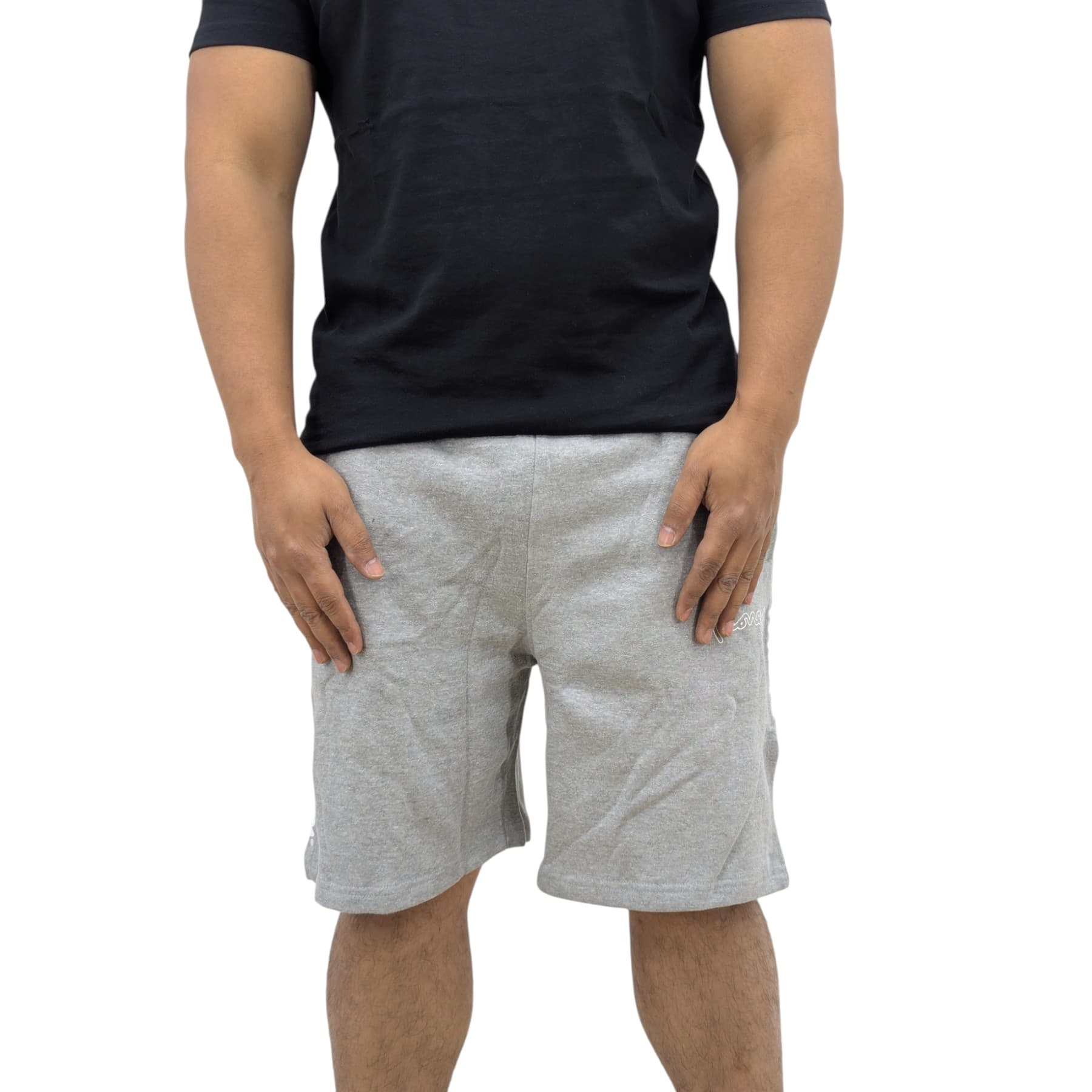 Money Clothing grey cotton mens shorts front view with black side band
