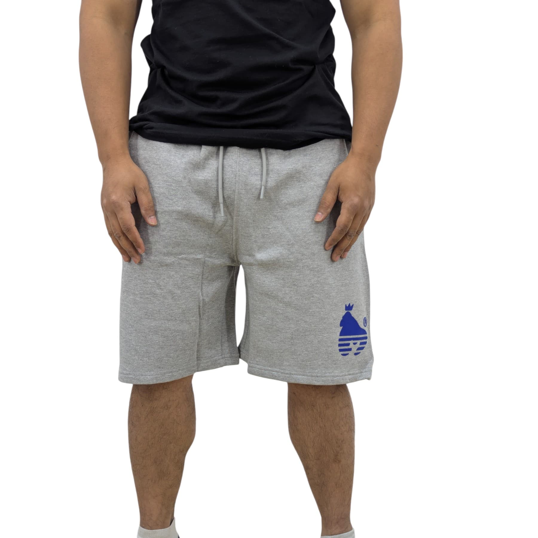 Money Clothing grey cotton men's shorts with adjustable drawstring, front view
