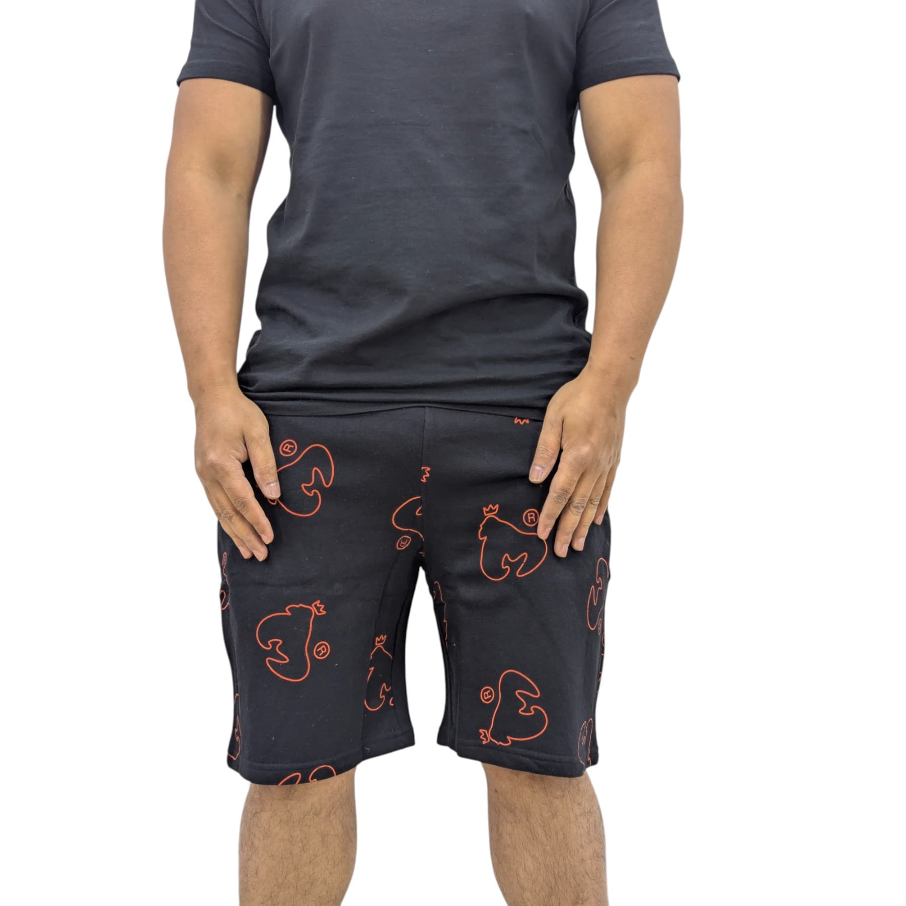 Money Clothing black mens shorts with printed ape all-over logo, front view
