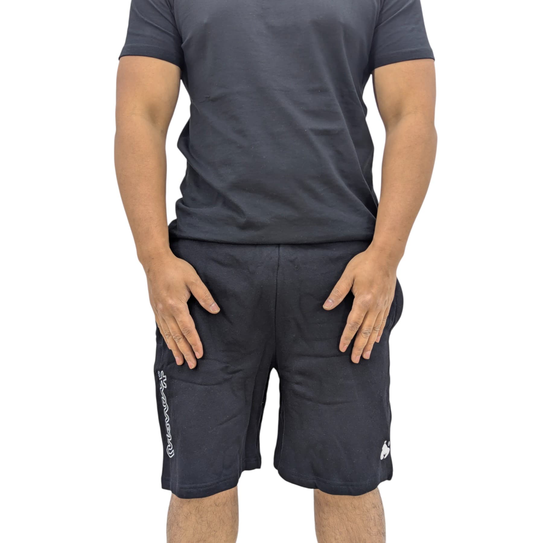 Money Clothing men's black cotton summer shorts with White Ape logo at hem, front view