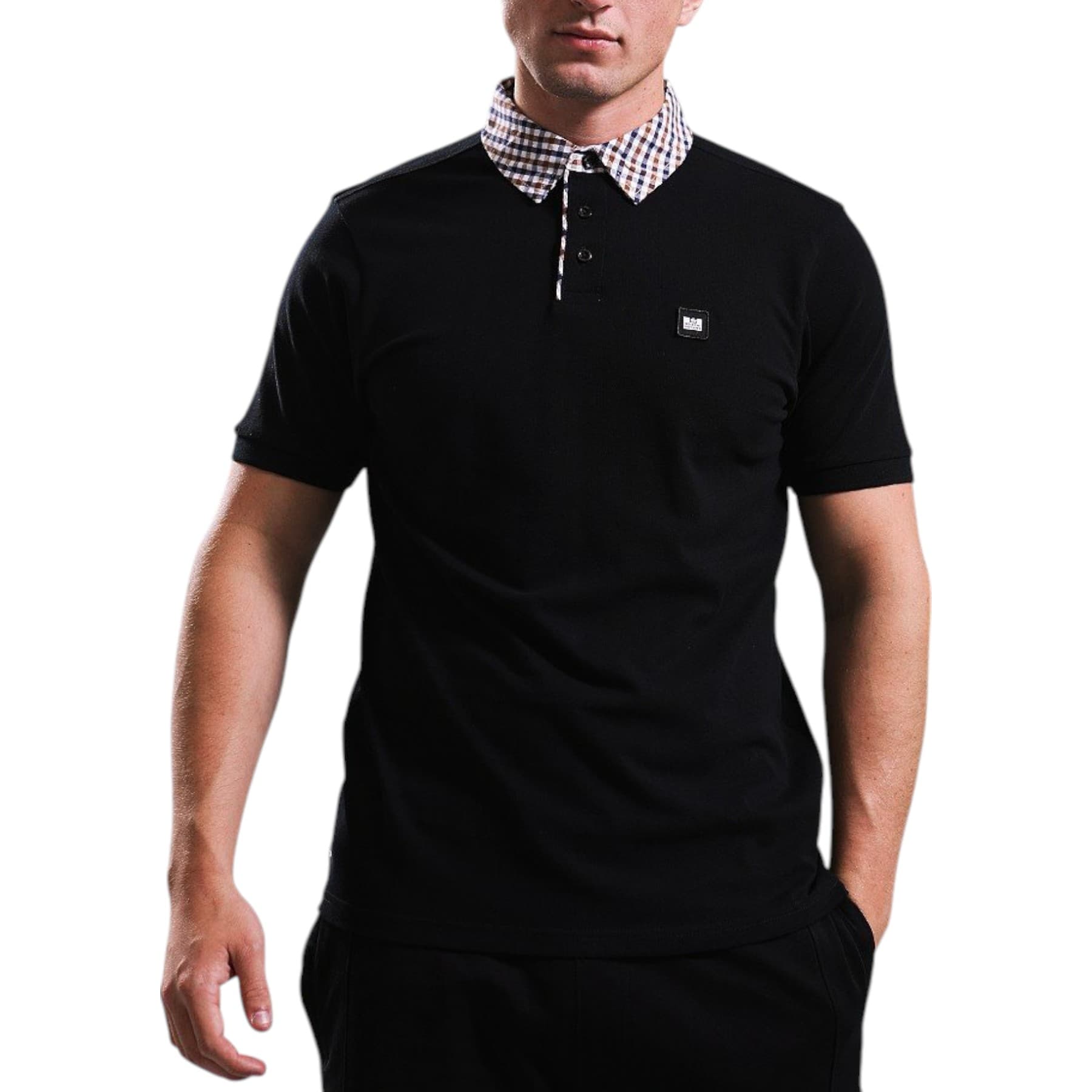 Weekend Offender black mens polo shirt with iconic WO badge and check collar, front view