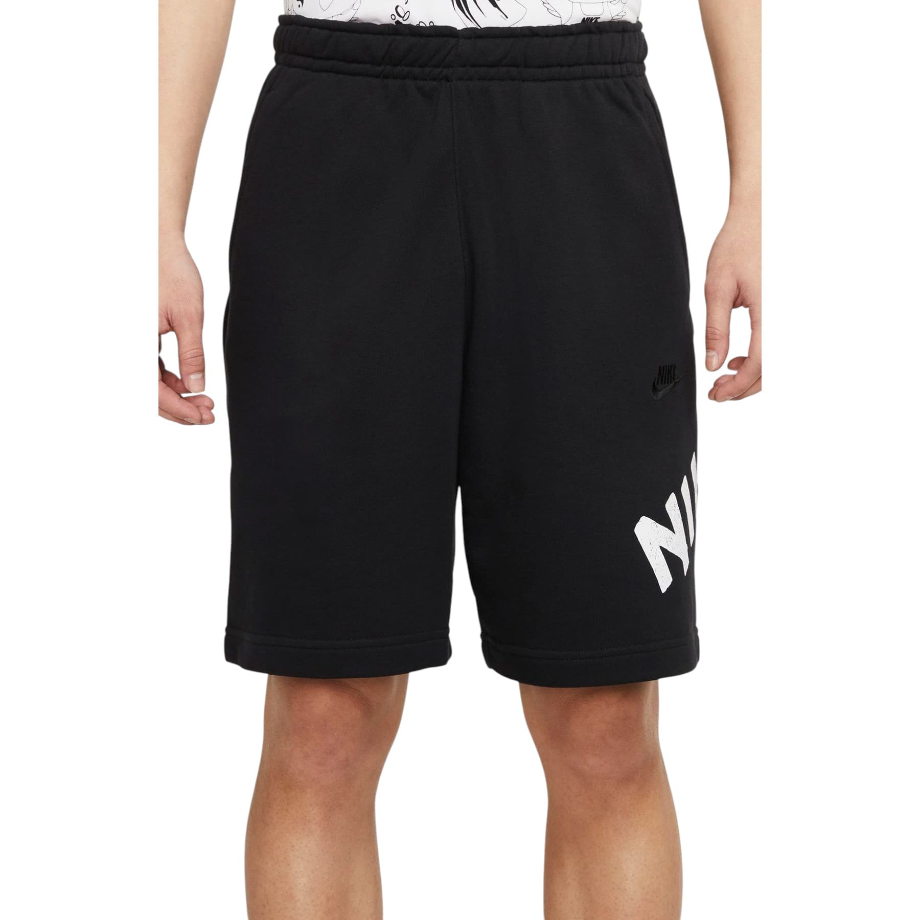 Nike Club French Terry Shorts in black, front view with matte rubber graphic