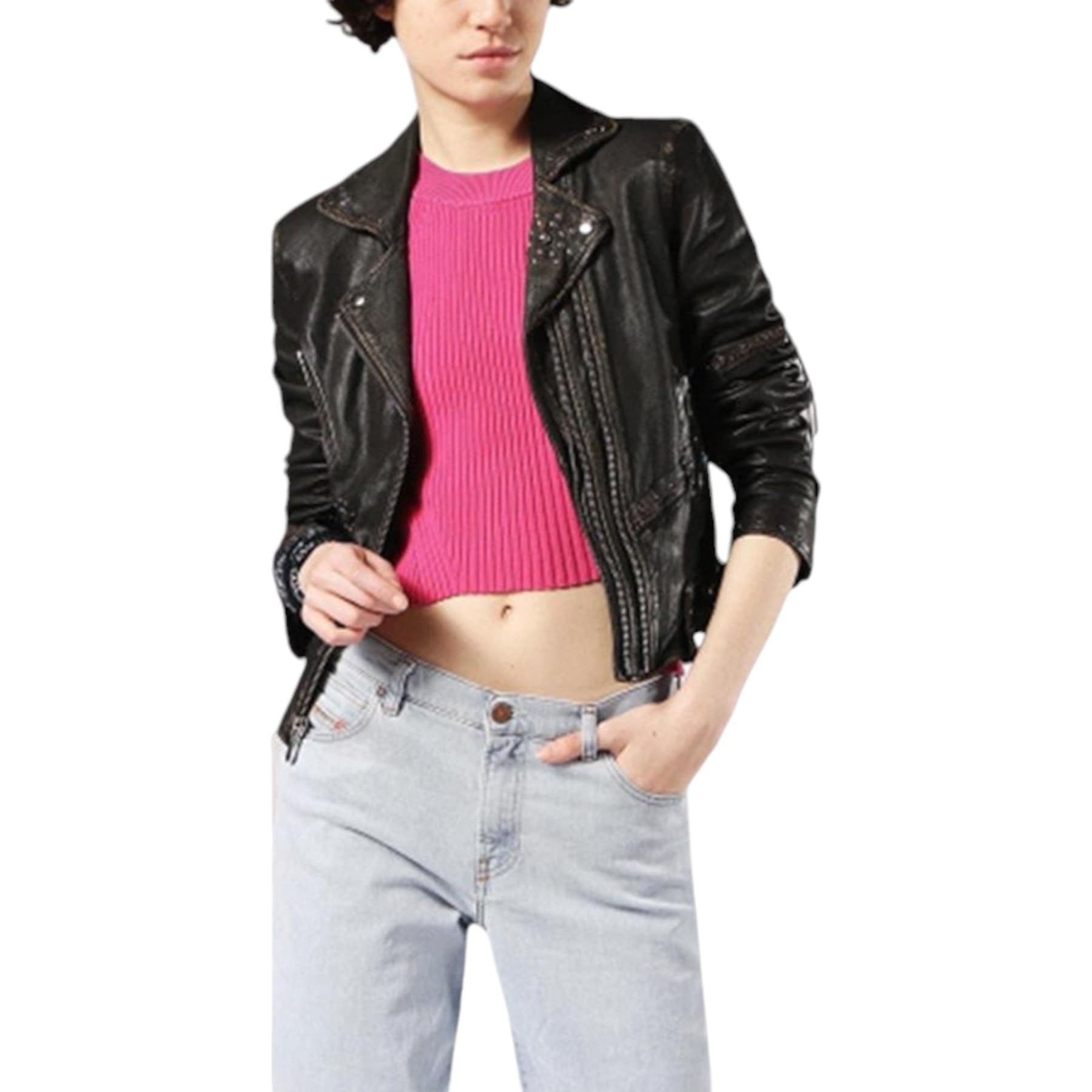 Diesel L TERRY women's black sheepskin leather jacket front view
