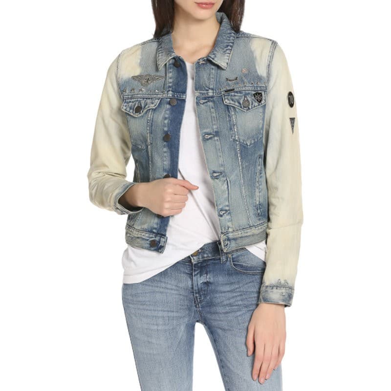 Diesel DE WILD blue denim jacket front view with metallic appliqué details