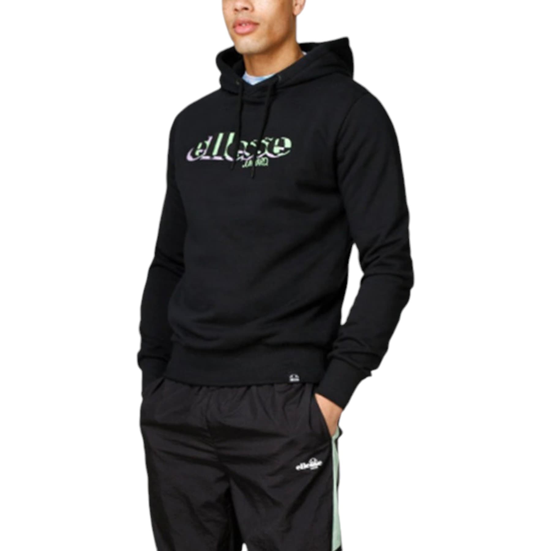 Ellesse JUNKYARD Limited Edition black pullover hoodie with front print, front view
