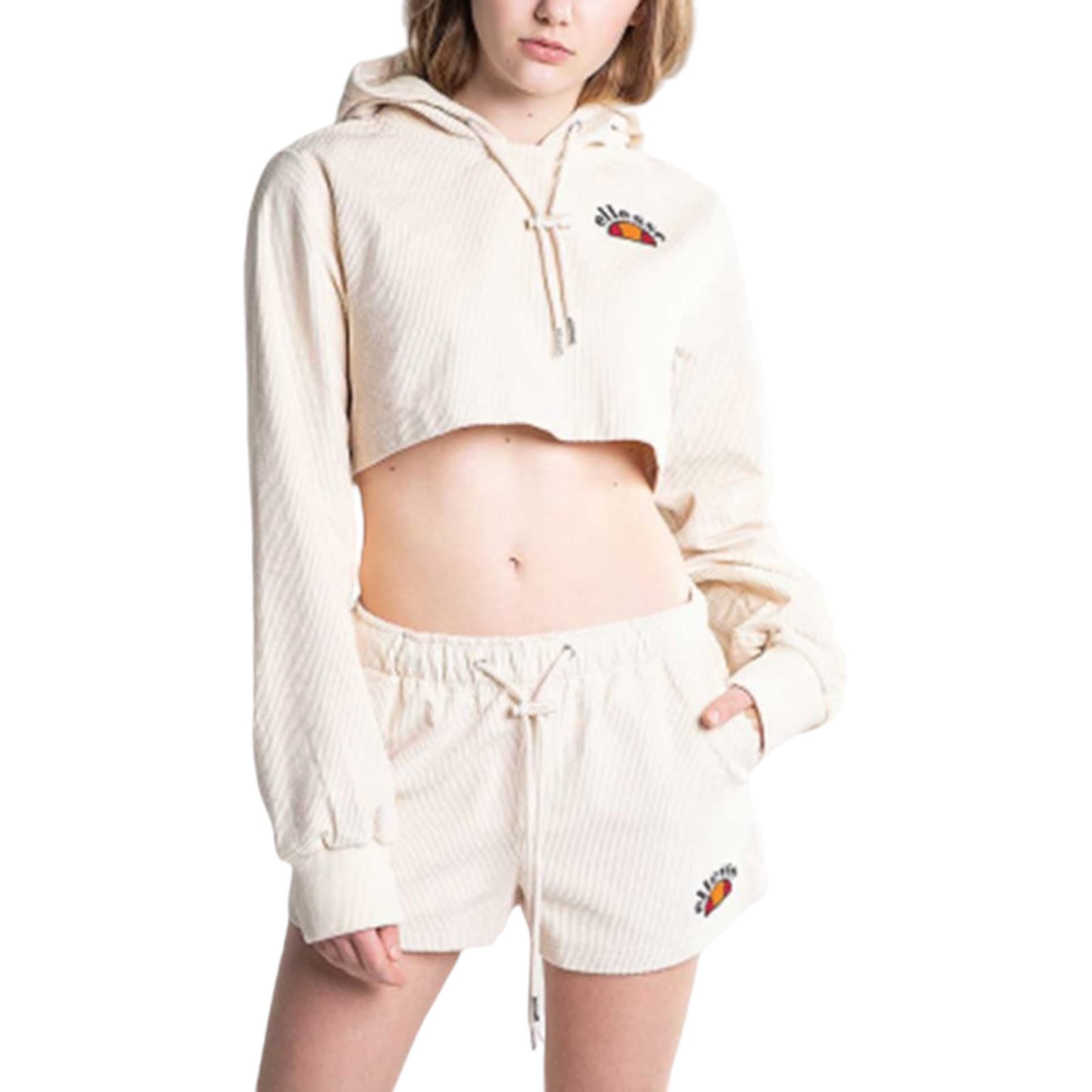 Ellesse Jasmine off-white cropped hoody front view with embroidered chest logo