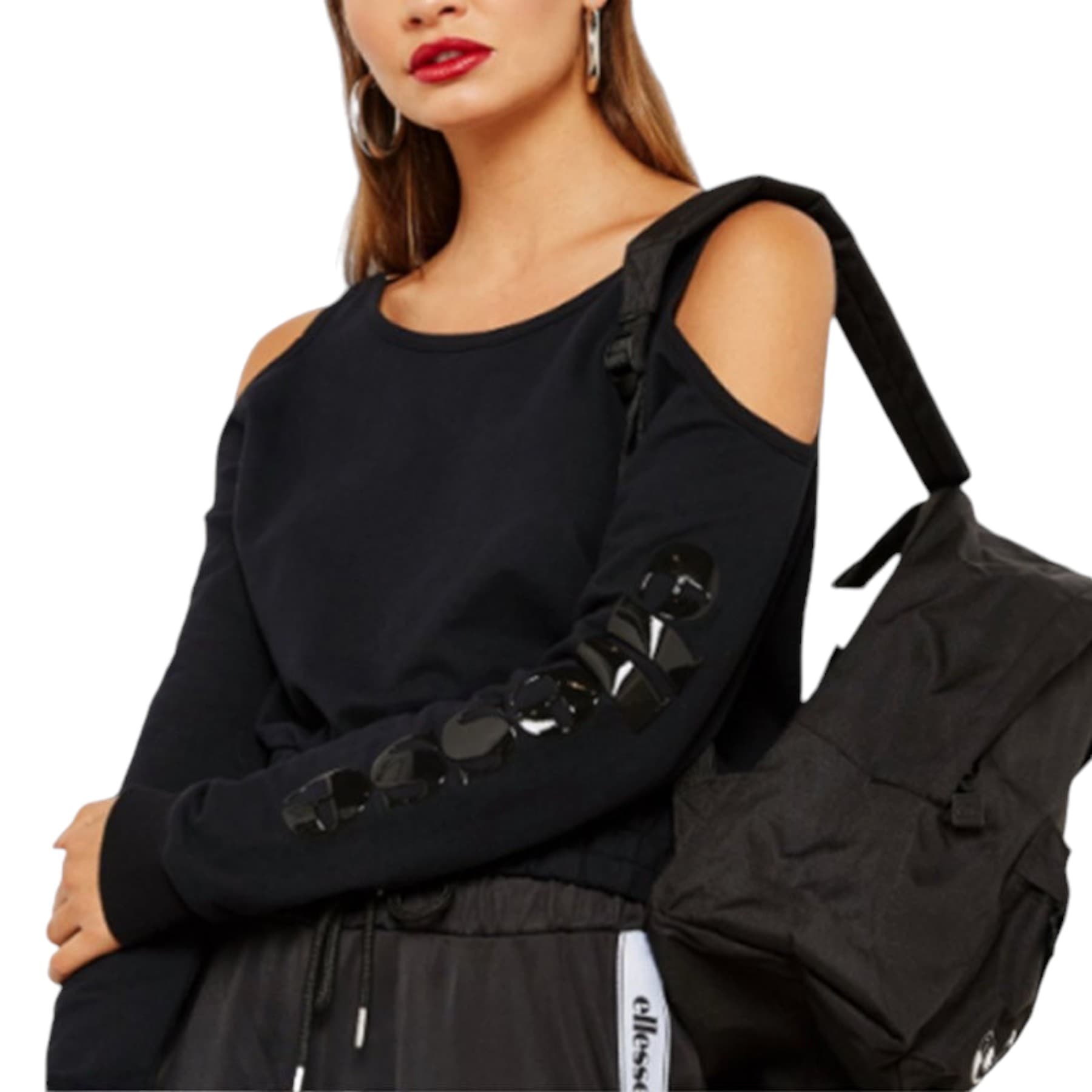 Ellesse Cucinotta black fleece crop top front view with cut-out shoulders