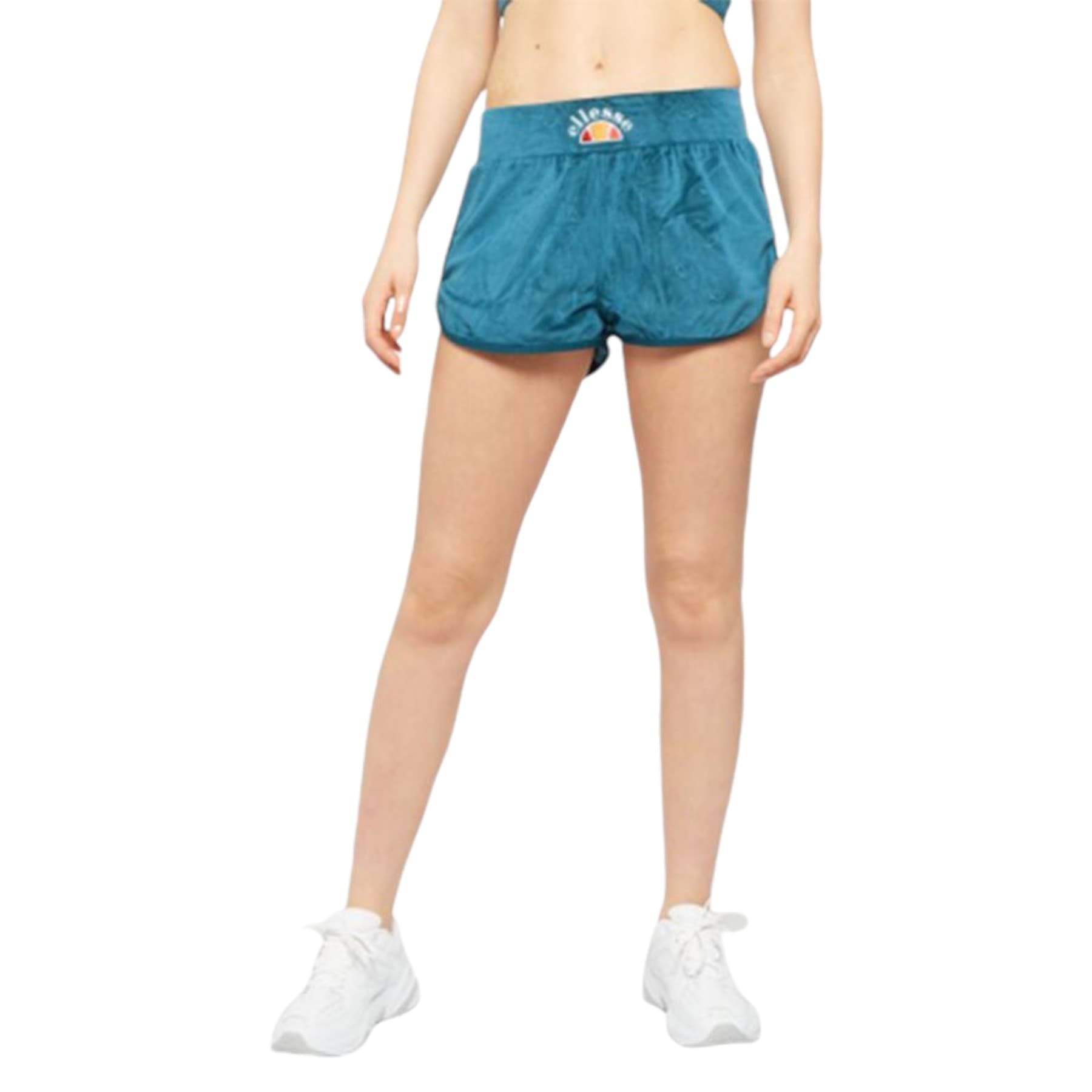 Ellesse Giacinta womens velour shorts in petrol, front view with embroidered logo
