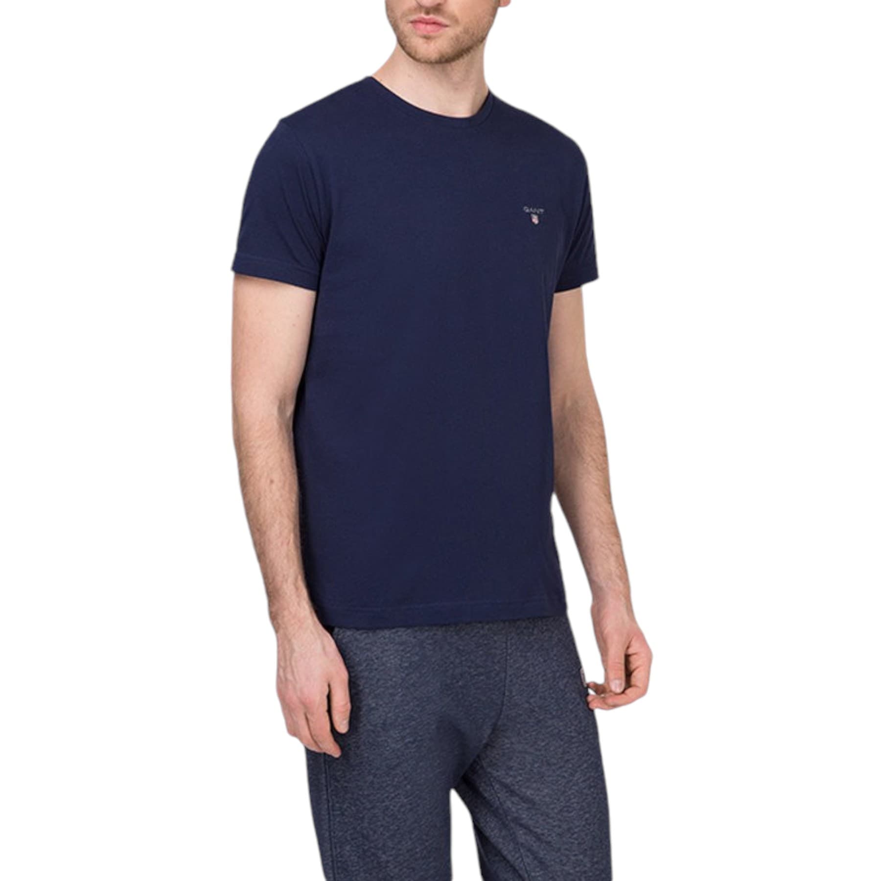 Gant men's cobalt cotton crew neck T-shirt front view with embroidered shield logo