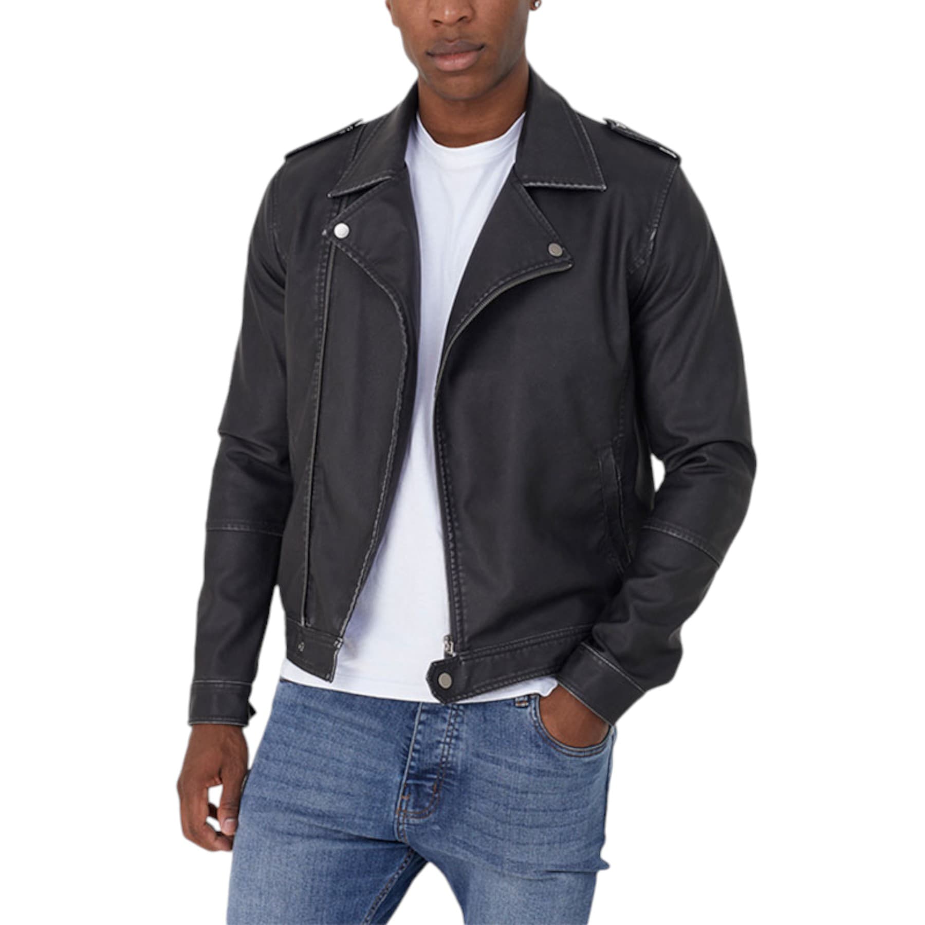 Brave Soul black viscose biker jacket, front view