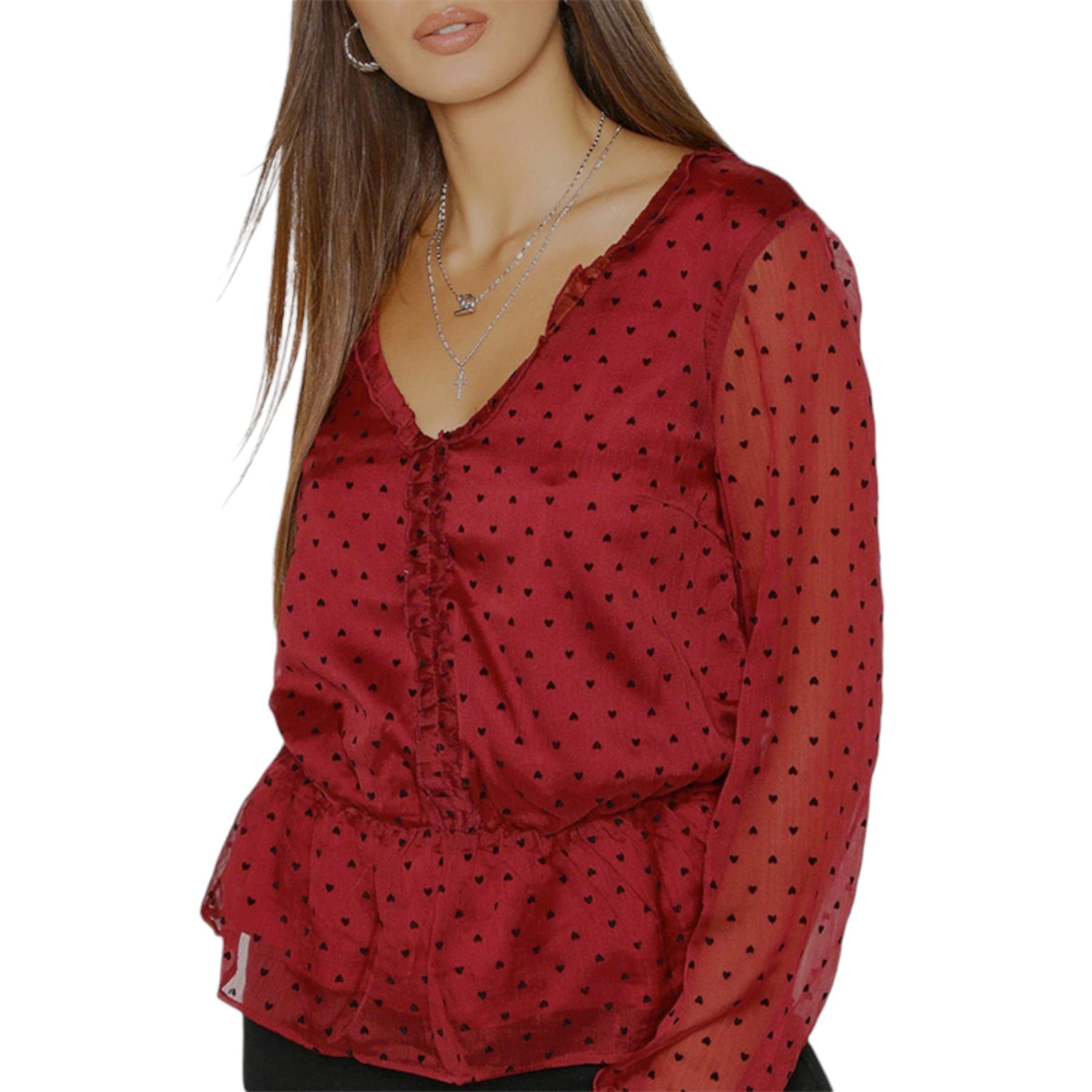 Brave Soul LWT-272HEART maroon long sleeve top with V-neck and ruffle detail, front view